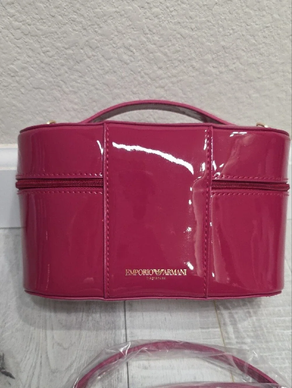 Emporio Armani Fuchsia Patent Cosmetic Case with Gold Hardware